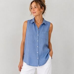 Sigrid Olsen 100% Linen Sleeveless Button Up Shirt Blue Womens L Coastal Beachy